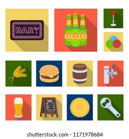 Pub, interior and equipment flat icons in set collection for design. Alcohol and food vector symbol stock web illustration.