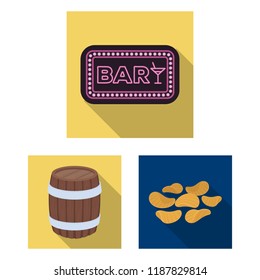 Pub, interior and equipment flat icons in set collection for design. Alcohol and food vector symbol stock web illustration.