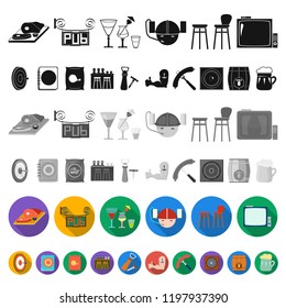 Pub, interior and equipment flat icons in set collection for design. Alcohol and food vector symbol stock web illustration.