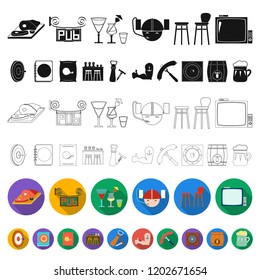 Pub, interior and equipment flat icons in set collection for design. Alcohol and food vector symbol stock web illustration.