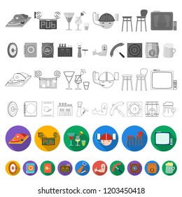 Pub, interior and equipment flat icons in set collection for design. Alcohol and food vector symbol stock web illustration.