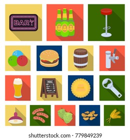 Pub, interior and equipment flat icons in set collection for design. Alcohol and food vector symbol stock web illustration.