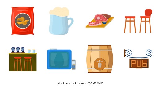 Pub, interior and equipment icons in set collection for design. Alcohol and food vector symbol stock web illustration.