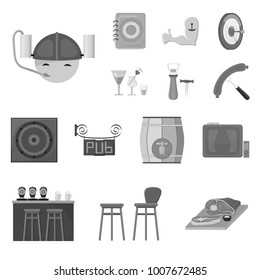 Pub, interior and equipment monochrome icons in set collection for design. Alcohol and food vector symbol stock web illustration.