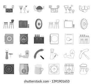 Pub, interior and equipment mono,outline icons in set collection for design. Alcohol and food vector symbol stock web illustration.
