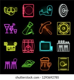 Pub, interior and equipment neon icons in set collection for design. Alcohol and food vector symbol stock web illustration.