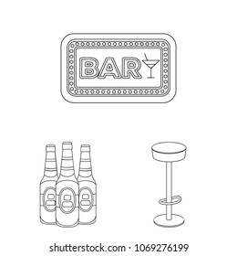 Pub, interior and equipment outline icons in set collection for design. Alcohol and food vector symbol stock web illustration.