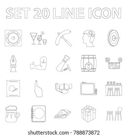 Pub, interior and equipment outline icons in set collection for design. Alcohol and food vector symbol stock web illustration.