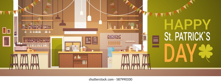 Pub Interior Saint Patrick Day Celebration, Party Beer Festival Banner Flat Vector Illustration