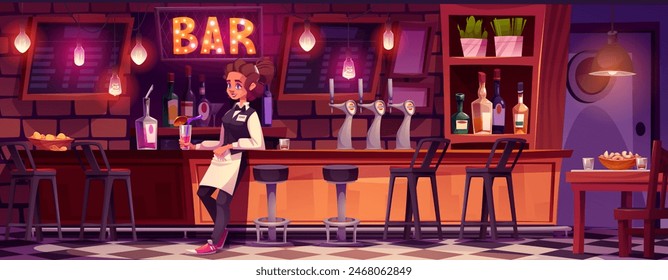 Interior del pub con una camarera de pie cerca del mostrador del bar. Cafetería de Vector de dibujos animados o club nocturno en el interior con soporte de madera con dispensador de cerveza, taburetes, botellas con bebidas alcohólicas en estantes de pared.