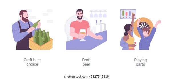 En un pub aislado ilustraciones vectoriales de dibujos animados conjunto. Selección de cerveza de artesanía, charla de especialista en cervecería con el cliente, barman con vidrio, alegres amigos diversos juegan dardos en dibujos animados de vector de pub.