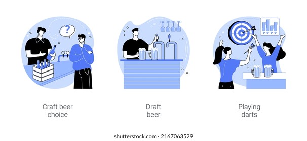 In a pub isolated cartoon vector illustrations set. Craft beer choice, brewery specialist talk to customer, bartender holding glass, cheerful diverse friends play darts in pub vector cartoon.