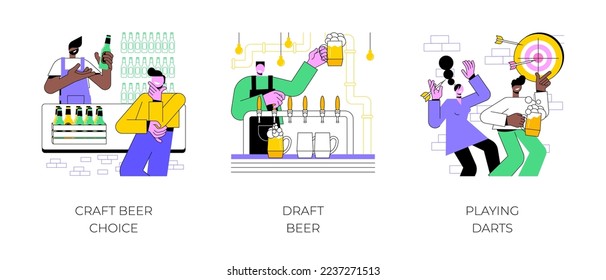 In a pub isolated cartoon vector illustrations set. Craft beer choice, brewery specialist talk to customer, bartender holding glass, cheerful diverse friends play darts in pub vector cartoon.