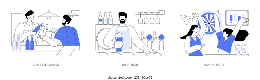 En un pub aislado ilustraciones vectoriales de dibujos animados conjunto. Selección de cerveza de artesanía, charla de especialista en cervecería con el cliente, barman con vidrio, alegres amigos diversos juegan dardos en dibujos animados de vector de pub.