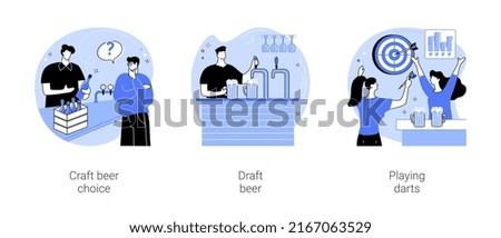 Vector In a pub isolated cartoon vector illustrations set. Craft beer choice, brewery specialist talk to customer, bartender holding glass, cheerful diverse friends play darts in pub vector cartoon.