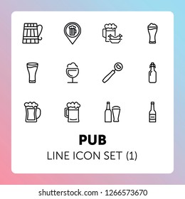 Pub line icon set. Bar location, bottle, beer glass. Beer concept. Can be used for topics like menu, restaurant, bar, alcoholic drink