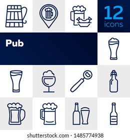Pub line icon set. Bar location, bottle, beer glass. Beer concept. Can be used for topics like menu, restaurant, bar, alcoholic drink