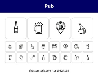 Pub line icon set. Bar location, bottle, beer glass. Beer concept. Can be used for topics like menu, restaurant, bar, alcoholic drink