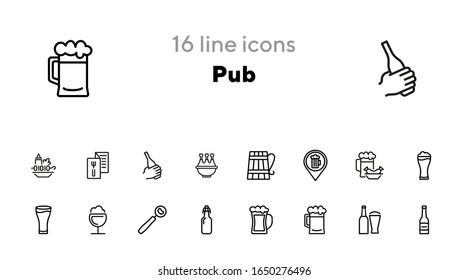 Conjunto de iconos de línea de pub. Bar, botella, vaso de cerveza. Concepto de cerveza. Se puede utilizar para temas como menú, restaurante, bar, bebida alcohólica
