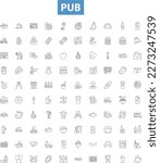 Pub line icons, signs set. Bar, Alehouse, Tavern, Pubs, Brewery, Taproom, Public House, Watering Hole, Boozer outline vector illustrations.