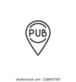 Pub location line icon. linear style sign for mobile concept and web design. PUB map pin outline vector icon. Symbol, logo illustration. Vector graphics