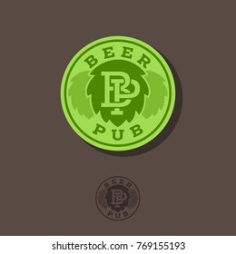 Pub logo. Beer pub emblem. Hops and letters in a green circle. P and B letters.