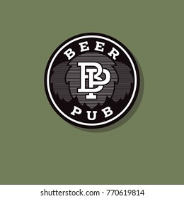 Pub logo. Beer pub emblem. Hops and letters in a green circle. P and B letters.