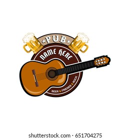 PUB logo design with guitar. Beer. 