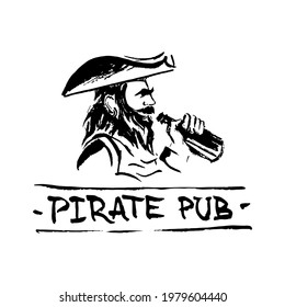 Pub logo. The pirate drinks rum from a bottle.