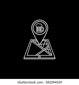 Pub map pointer line icon, mobile gps navigation and location, beer pin on tablet vector graphics, a linear pattern on a black background, eps 10.