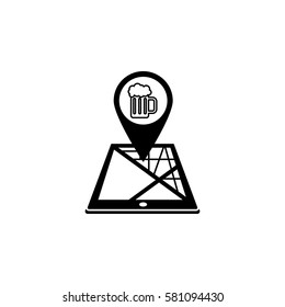 Pub map pointer solid icon, mobile gps navigation and location, beer on tablet vector graphics, a filled pattern on a white background, eps 10.