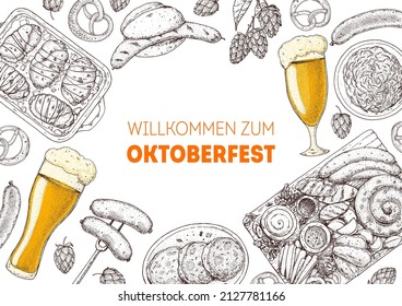 Pub menu. German food sketch. Oktoberfest menu design template. Hand drawn vector illustration. German cuisine. Black and white. Engraved style. Hand drawn food, sketch illustration