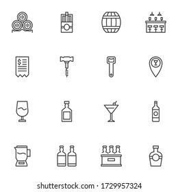 Pub menu line icons set, alcoholic drinks outline vector symbol collection, linear style pictogram pack. Signs, logo illustration. Set includes icons as beer mug, winery barrel, restaurant location 