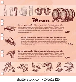Pub menu with price and image of beer and food around page