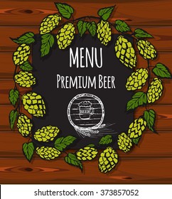 Pub menu restaurant brochure. Food design template. Fresh hop frame on wood texture background. Vector illustration