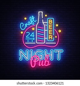 Pub Neon Signboard Vector. Beer Pub neon sign, design template, modern trend design, night neon signboard, night bright advertising, light banner, light art. Vector illustration