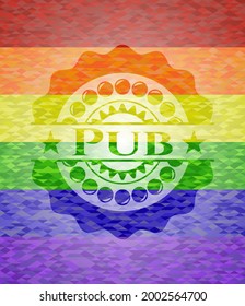 Pub on mosaic background with the colors of the LGBT flag. 