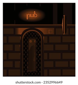 "Pub", orange neon sign over a door on a brick brown wall. Dark, fascinating.