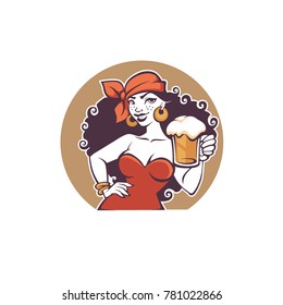 Pub Party, vector portrait of beautiful  cartoon lady  hold a draft beer