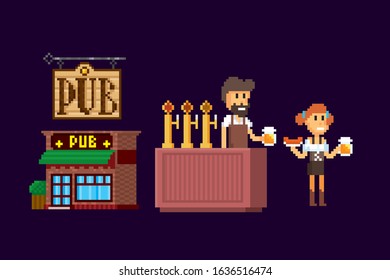 Pub Pixel art icon set. Old school computer graphic style. Element design for logo, stickers, web, embroidery and mobile app. Isolated vector illustration. 8-bit sprite.  game element.