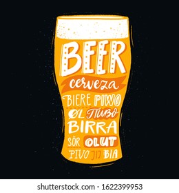 Pub poster with beer word in different languages. Spanish cerveza, russian pivo, french biere, finnish olut. Handwritten text on yellow pint glass. Multilingual print for brewery