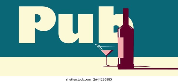 Póster de pub, restaurante, menú de alcohol, fiesta de bebidas. Botella de Martini, vidrio, cóctel, bebida, Vector de diseño plano