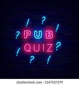 Pub Quiz neon emblem. Exam concept. Outer glowing effect banner. Editable stroke. Vector stock illustration
