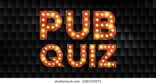 Pub quiz night game with bulb light and tile background. Text bar poster font for brain contest or challenge. Red and gold broadway typography for carnival design. Golden typeface with marquee glow.