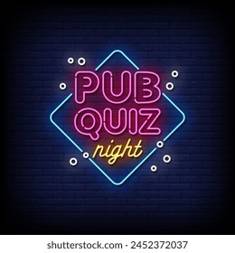pub quiz night neon Sign on brick wall background 