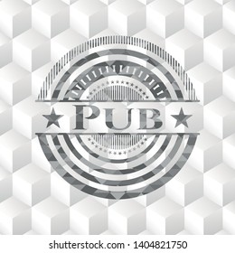 Pub realistic grey emblem with geometric cube white background