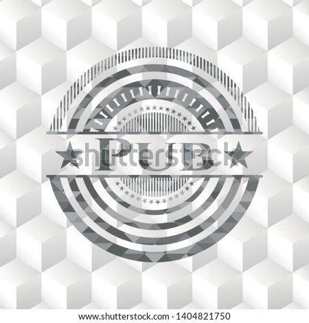 Pub realistic grey emblem with geometric cube white background