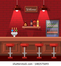 Pub in red color with bricks wall and lamps decorated by stools row near wooden bar counter with beer and shelf with bottles and fridge with alcohol beverage. Empty city bar interior. Cartoon flat