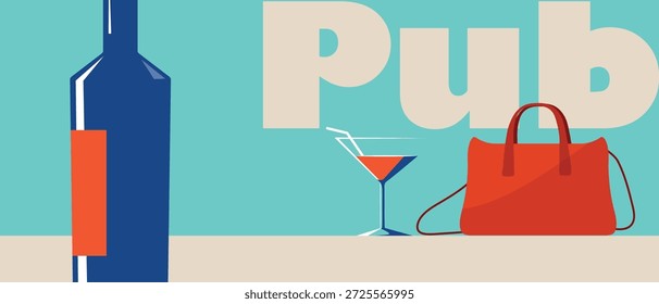 Pub, restaurante, cartel de bar, ventas de alcohol, barra de bar, botella de vino, vidrio, bolso de la mujer. Fiesta de damas, dama bebiendo alcohol, martini, licor, chardonnay, fiesta de bebidas, cata de vinos