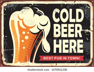 Pub Sign With Glass Of Beer. Cold Beer Here Vintage Poster Design. Drinks Vector Illustration.